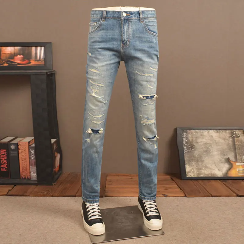 

Новые дизайнерские модные мужские джинсы в стиле ретро, синие эластичные облегающие рваные джинсы с заплатками, мужские Y2K, винтажные повседневные джинсовые брюки Hombre