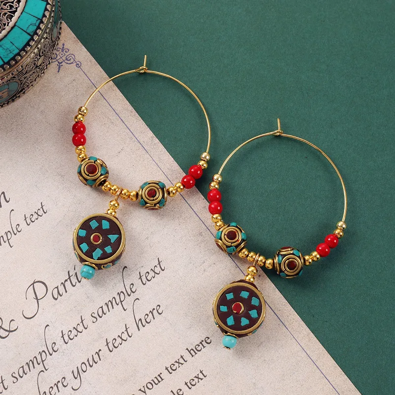Ethnic Tibetan Style Pendant Earrings for Women Vintage Copper Bead Luxury Gemstone Colorful Jewelry Nepal Exotic Creative Gift