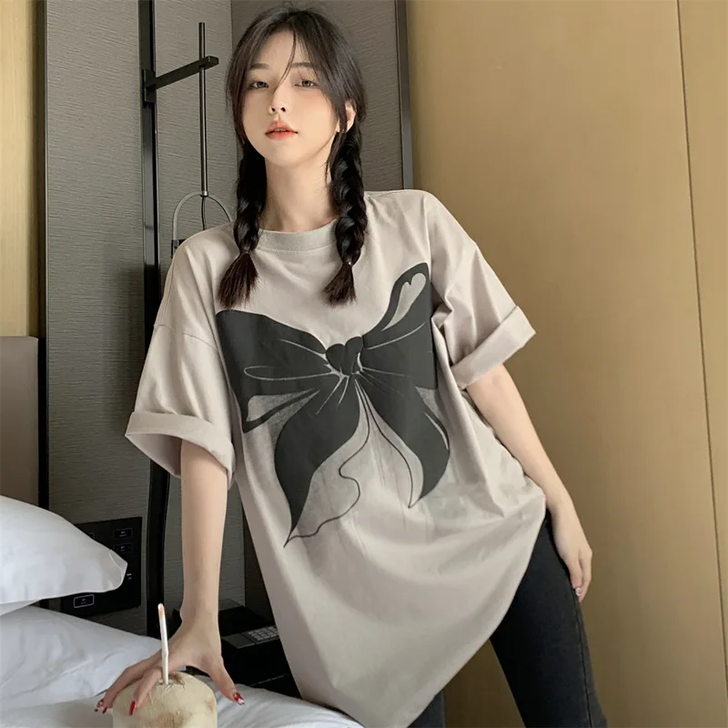 

Loose Casual T-Shirt with Bow Print Comfortable Niche Design Sense Street Style Thin Summer Style New Style 2024