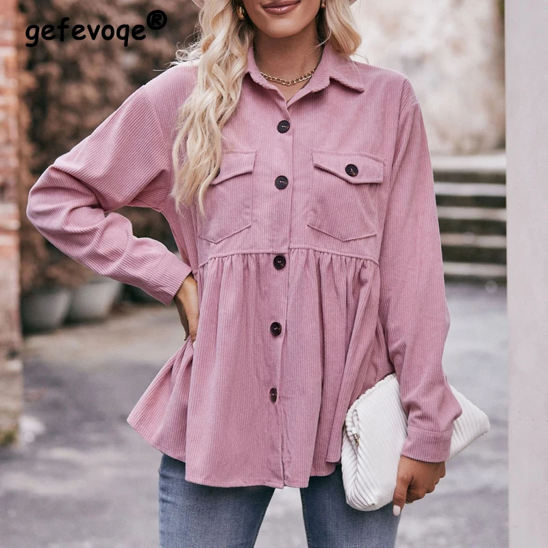 Women Vintage Corduroy Pockes Single Breasted Shirts Autumn Winter Trendy Solid Long Sleeve Loose Blouses Casual Streetwear Tops