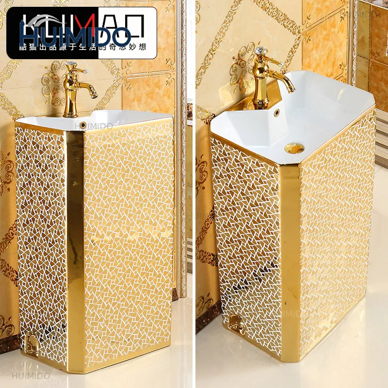 European column basin integrated wash basin hotel column washbasin ceramic gold pillar basin