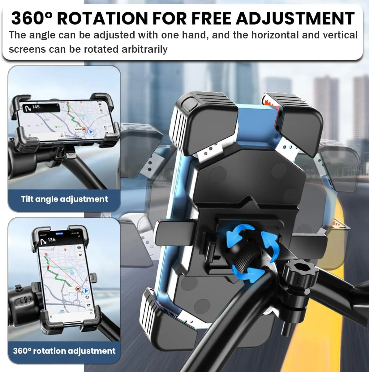 Motorcycle Bike Phone Mount, ABS Quick Release Motorcycle Bike Phone Holder for 4.7''-7.2'' Phones, Anti Shake with 360° Rotatab