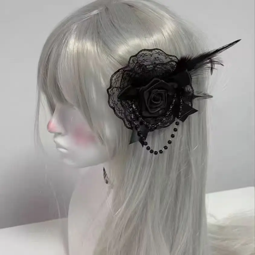 Womens Girls Lolita Fascinator Hat Lace Flower Feather Pearl   Beaded Decor Hair Clips Wedding Bridal Cocktail Headwear
