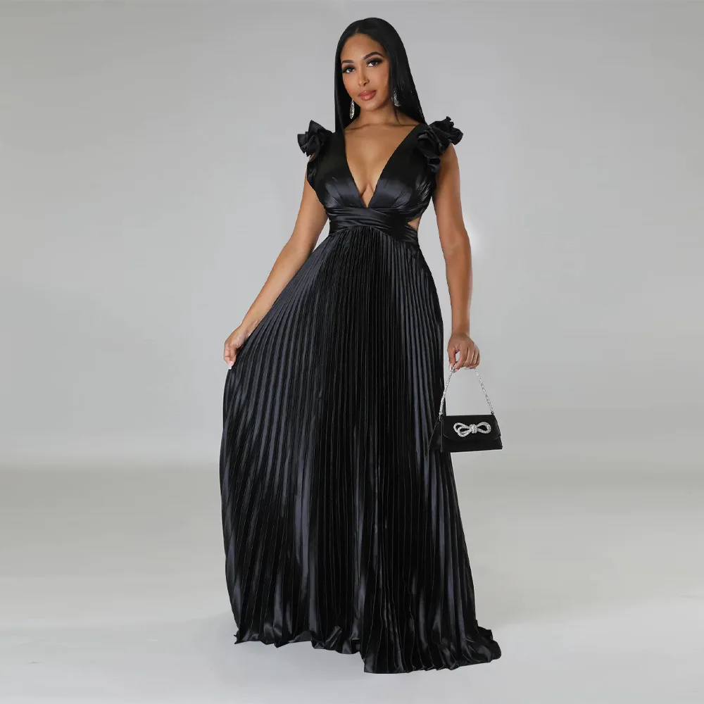 Vintage Women V Neck Sleeveless Backless Sashes High Waist Big Swing Pleated Maxi Long Sexy Party Evening Imitation Silk Dress