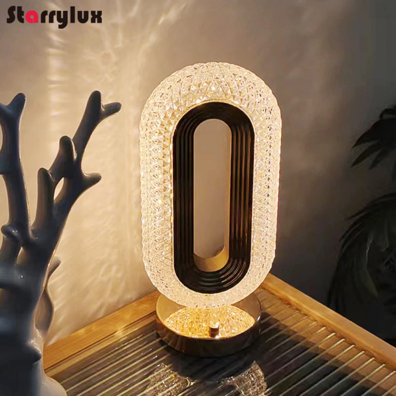Lámpara de mesa ovalada con riel de estrella de cristal, luz ambiental LED regulable, luces nocturnas modernas para mesita de noche, lámparas decorativas