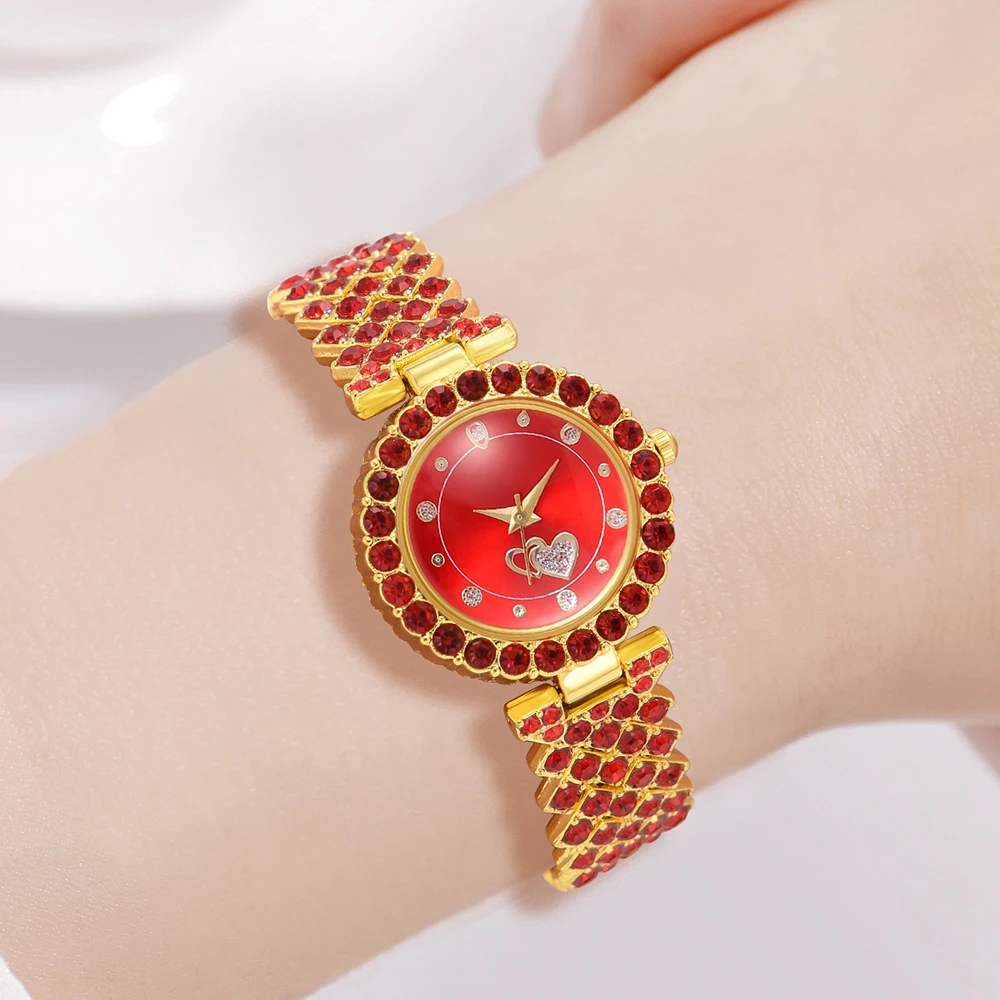 6PCS/Set Women\'s Red Alloy Watch Strap Fashionable Rhinestone Quartz Watch Necklace Earrings Jewelry Set