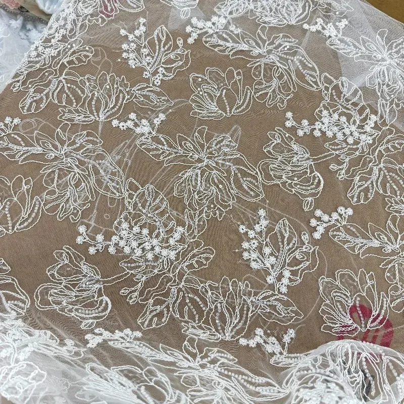 High End Couture Lace Fabric Set with Sequins Beads Mesh and Twine Thread Ideal for Wedding Dress and Formal Gown Embellishments