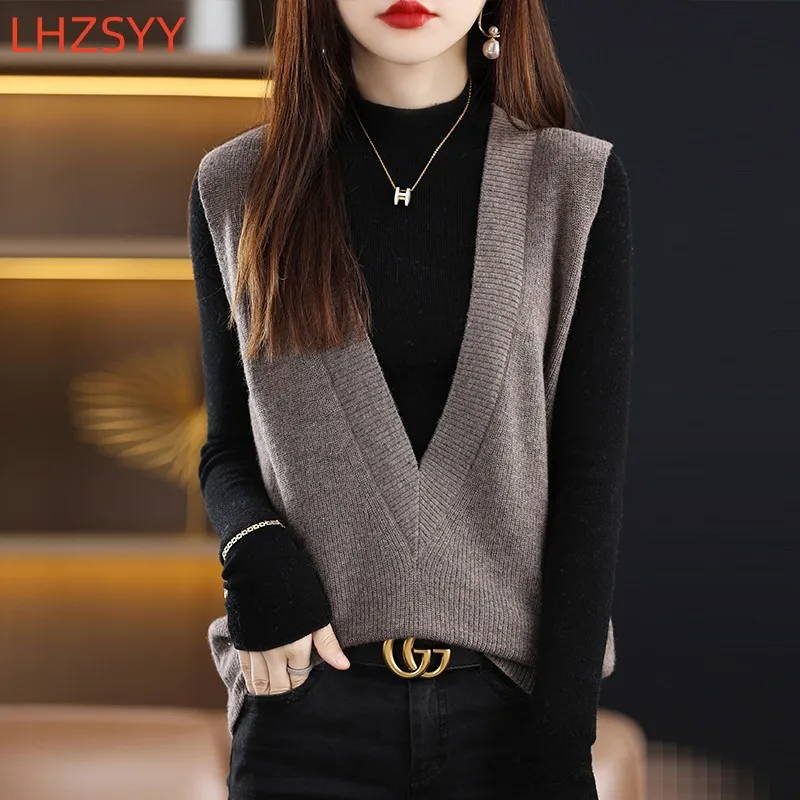 LHZSYY Autumn 100%Pure Wool Knit Vest Women New High-End Sleeveless Sweater take out V-Neck Cashmere Loose waistcoat Female Tops