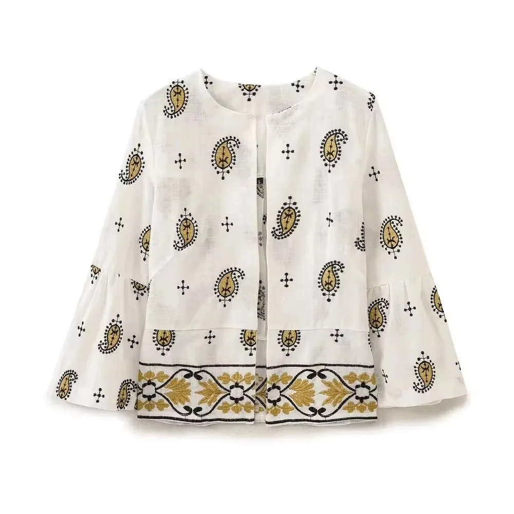 HH Women Fashion Y2K Paisley Embroidery Coat O Neck Long Sleeve Open Stitch Top Jacket Summer Female Fashion Streetwear