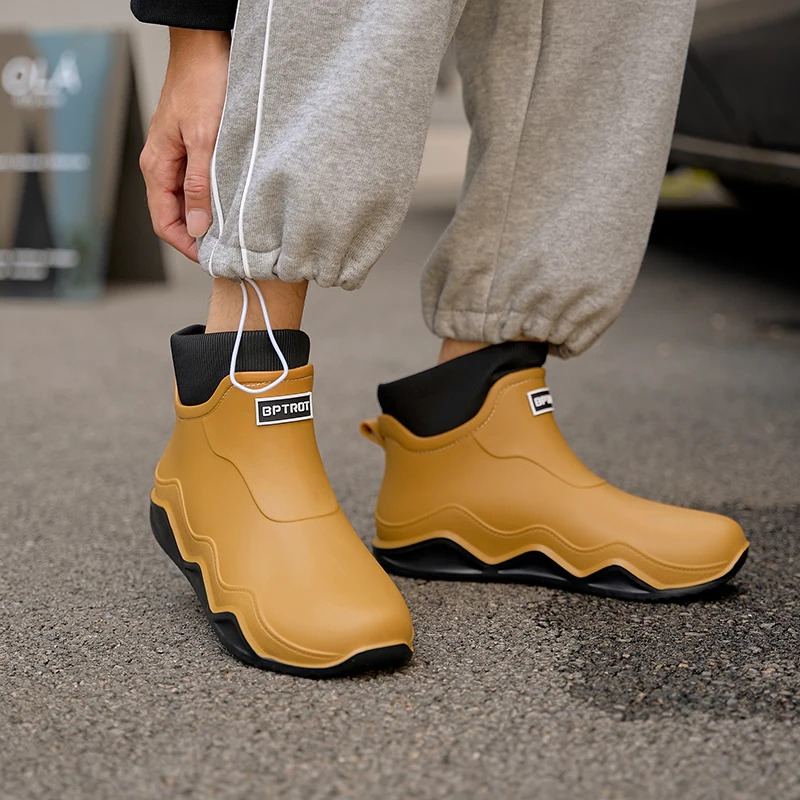 New 2024 Men's Rain Boots Winter Fleece Short Tube Work Boots Kitchen Anti-slip Rubber Shoes Car Wash Labor Protection Water ...