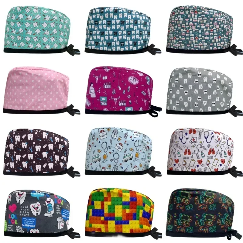 Gorro suave de algodón ajustable con dibujos animados, gorros quirúrgicos de trabajo de laboratorio, accesorios de enfermería para dentista y farmacia, gorros exfoliantes