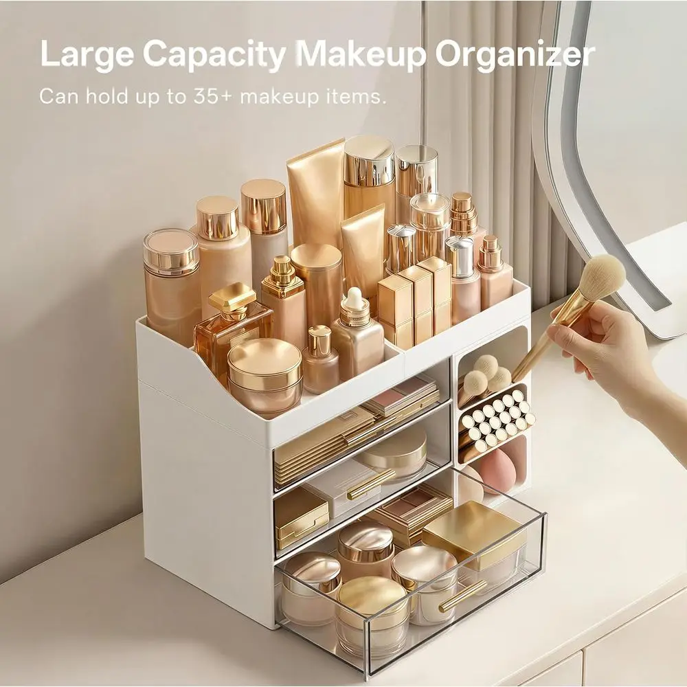Makeup Organizer Countertop with Brush Holder, Large Bathroom Counter Organizer, Skincare Organizers Vanity, Plastic Drawer Orga