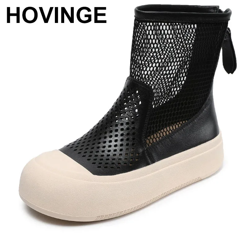 

Summer New Korean Style Fashion Chunky Bottom Hollow Cut Out Mesh Patchwork Genuine Leather Women Ankle Short Modern Boots