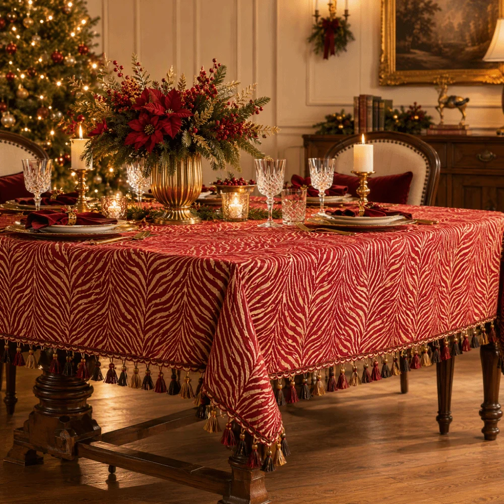 Polyester Cotton Christmas Tablecloth Woven Golden Jacquard Reversible Table Cover Dustproof Wear Resistant Dining Table Cloth