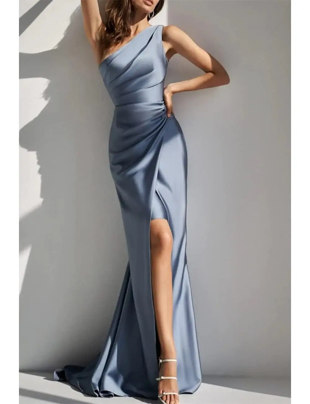 

Romantic Satin One-shoulder Evening Dress with Ruching Sheath Floor-length Mermaid Formal Prom Dresses Slit Plus Size Special