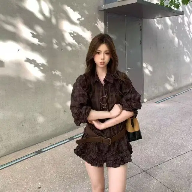 

Design Sensation Color Blo Plaid Long Sve Women's irt with Belt Waist Cinching Slimming Top Polyester Fiber Straight Cut