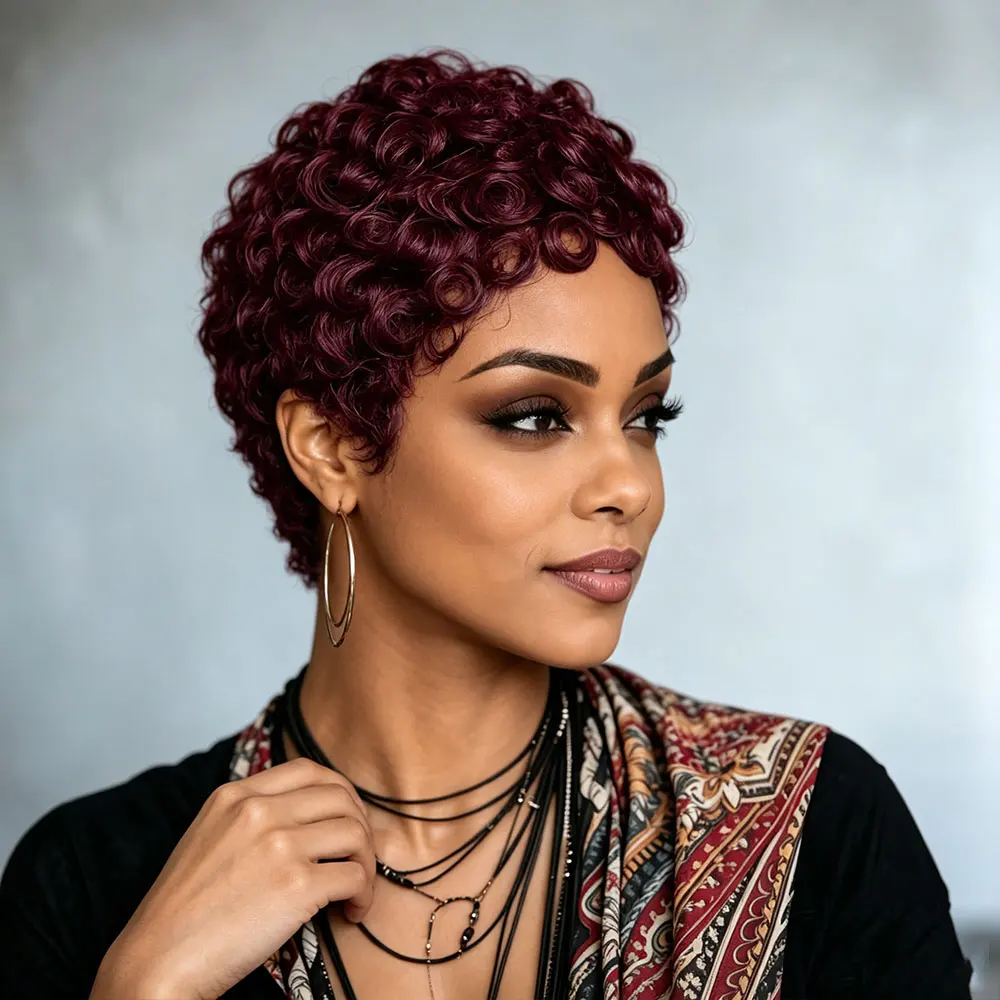 Brazilian Remy Human Hair Wig - 4-Inch Pixie Cut with Bangs, Natural Curly Wave, 200% Density Basic Hairstyle, Full Machine Made
