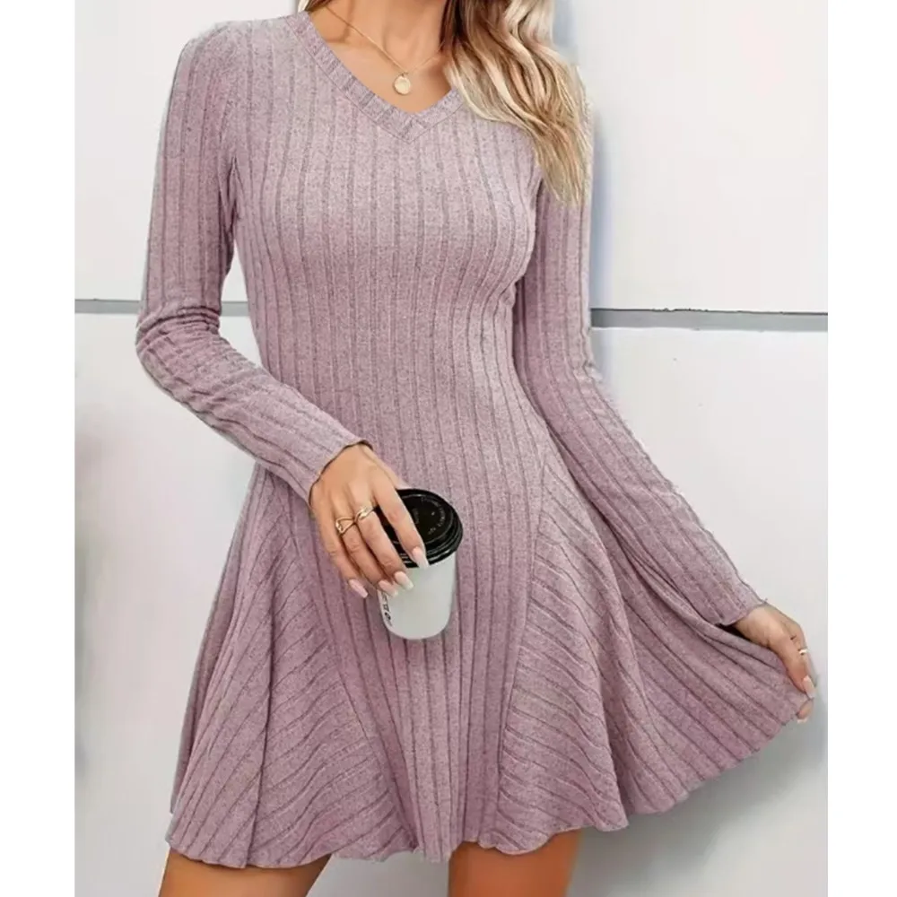 

Сплошное цветное платье с v-образным вырезом, осенне-зимнее женское новое модное вязаное короткое платье трапециевидной формы с длинными рукавами