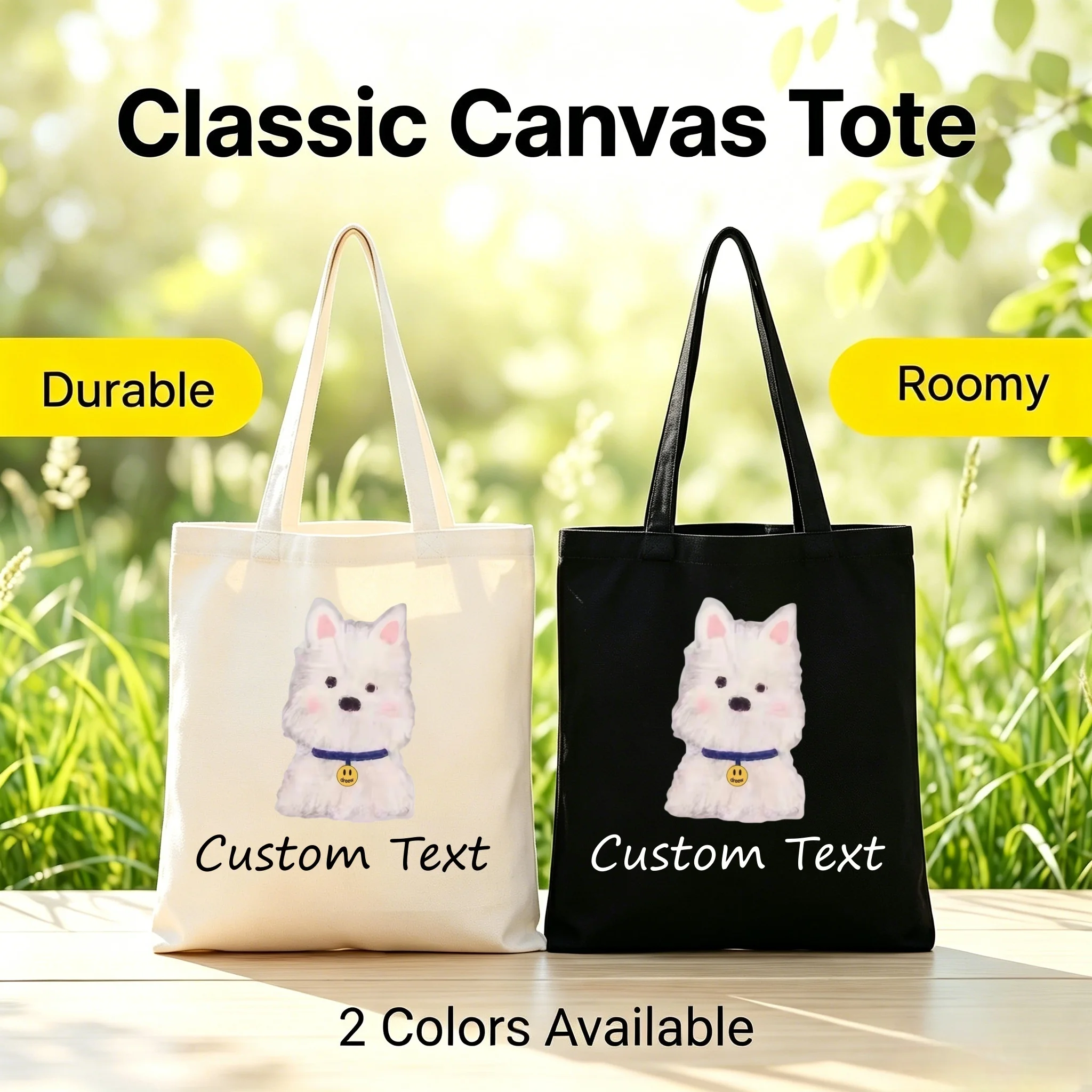 1PC Canvas Tote Bag Cute Dog Dream Print Custom Text Roomy Durable 2 Colors Casual Shoulder Bag