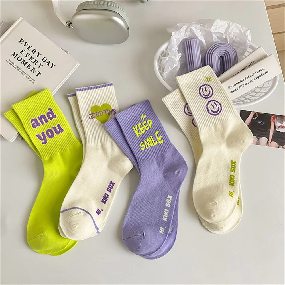 New Women Socks Korean Style Color Letter Fashion Sports Socks For Girls Breathable Middle Tube Casual Female Crew Socks Funny