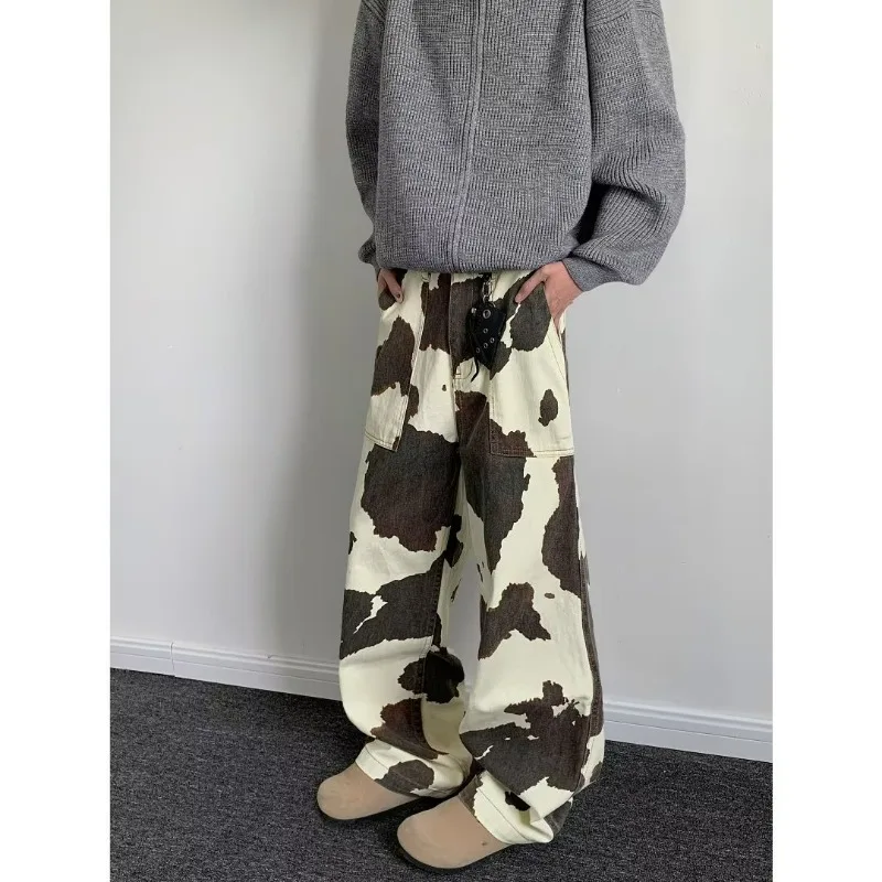 Y2K Baggy Straight Jeans American High Street Independent Design Brindle Streetwear Harajuku Men Women Trend Wide Leg Trousers