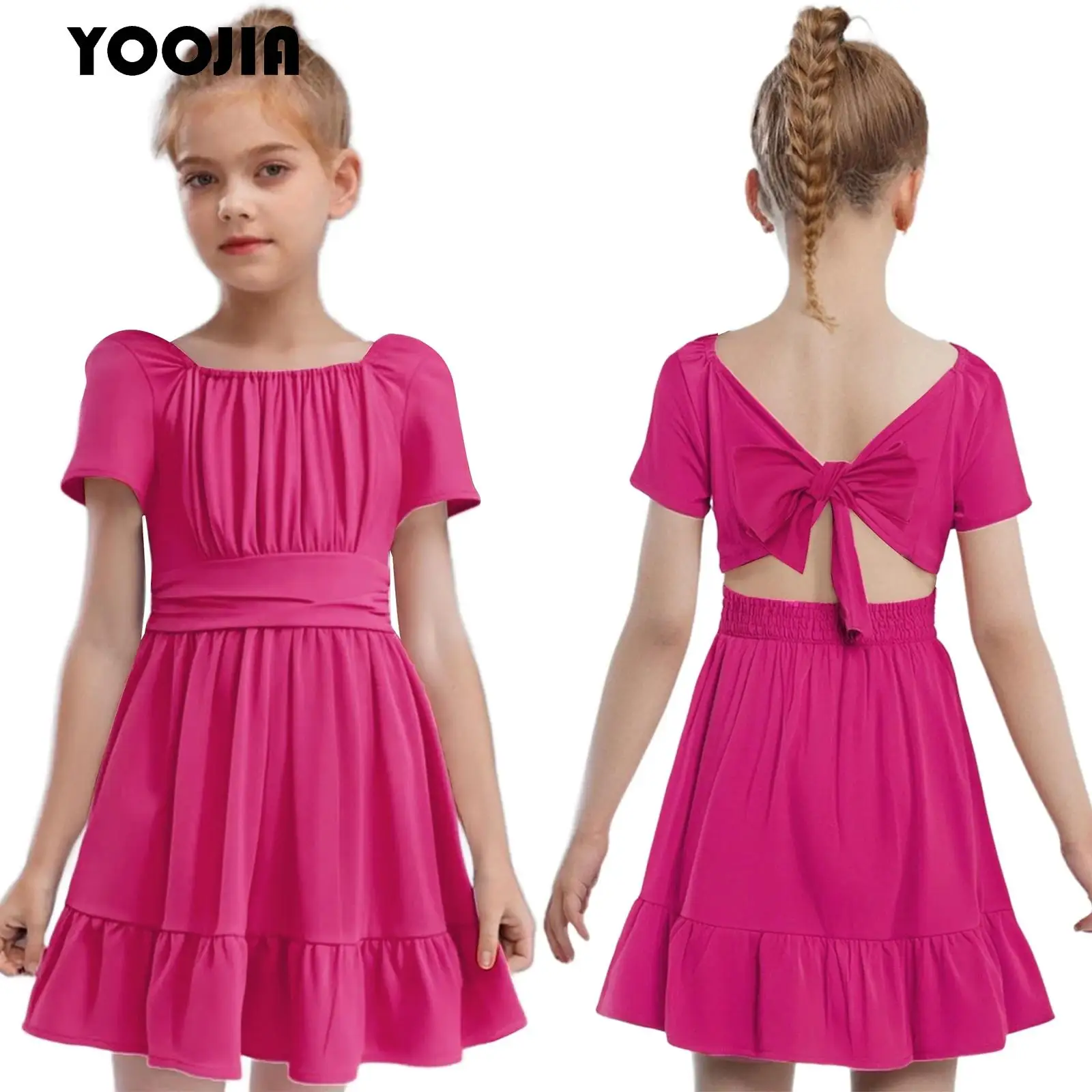 

Girls Summer Tie Back Dress Ruffle Square Neck A-Line Sundress Short Sleeve Casual Midi Dresses for Birthday Party Wedding