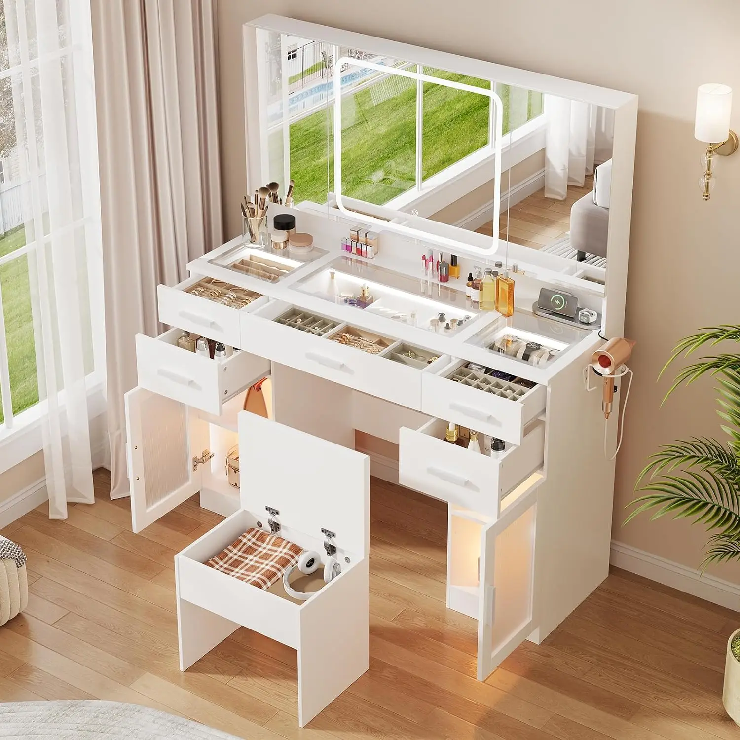 

Makeup Vanity Desk with Lights and Mirror, Glass Top Vanity Set with Power Outlet, 3 Lighting Modes