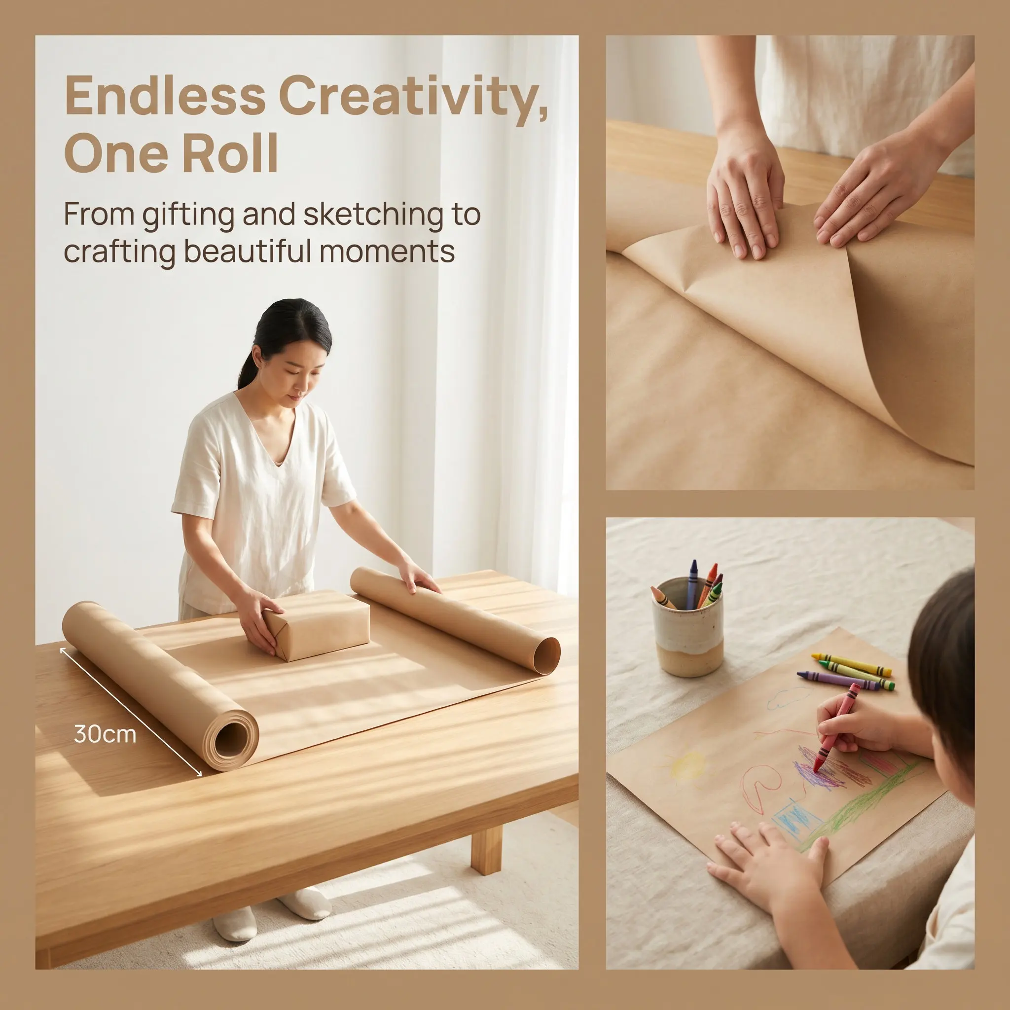 1 Roll High Quality Brown Kraft Paper Roll Multi Purpose Wrapping Paper for Gifts Flowers Craft Art Painting Pastels Crayons