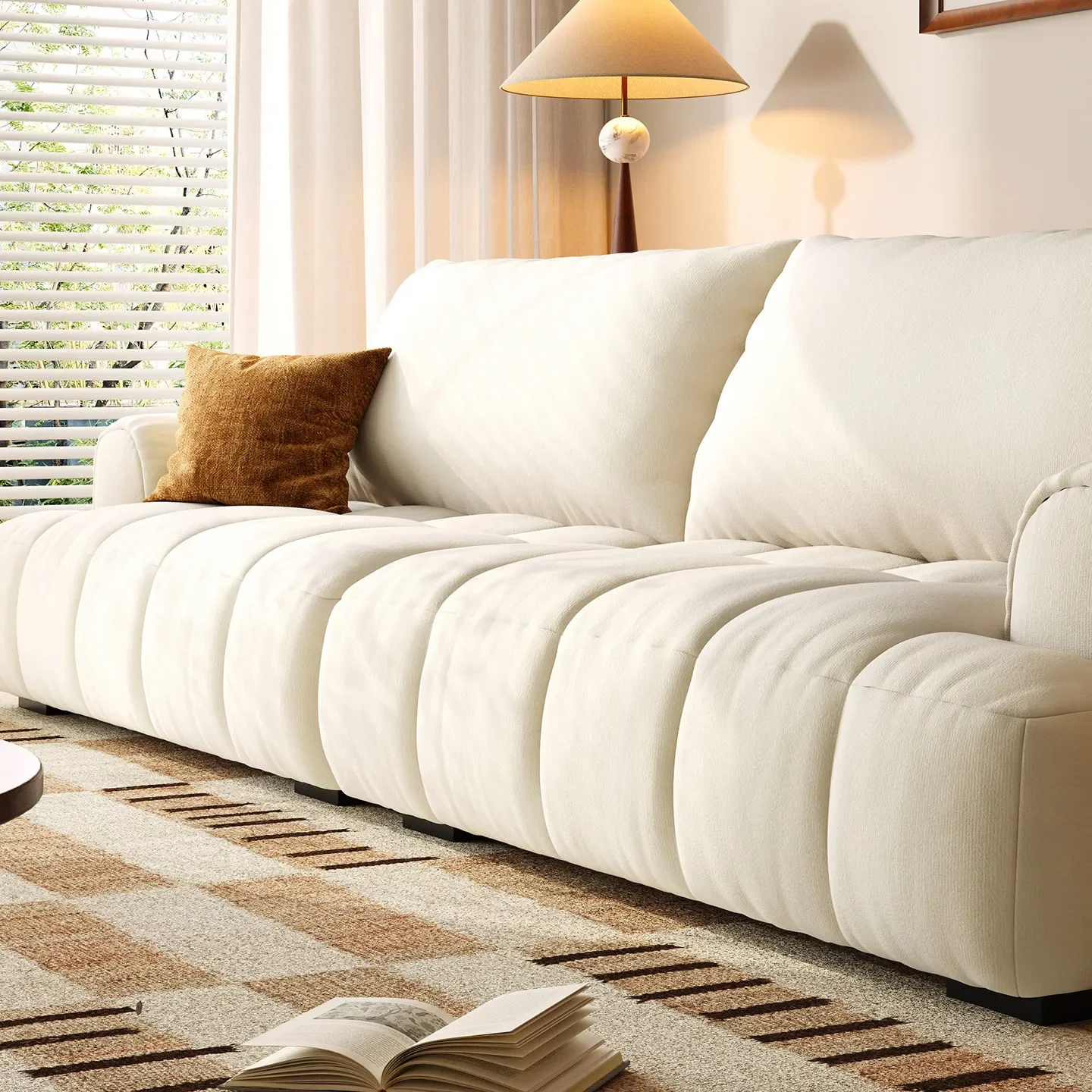 

b24 living room small apartment modern simple cream wind puff fabric straight row sofa