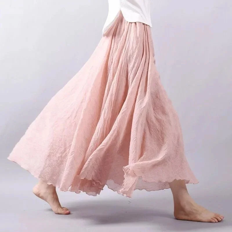 

Literary Art Large Size Cotton Linen Skirts Women Spring Summer Elastic High Waist Skirts Double-layer Retro Ruffle Long Skirts