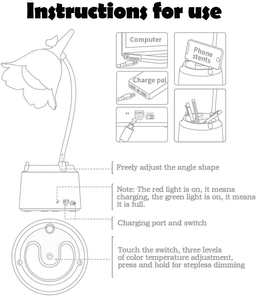 Cute Desk Lamp Rechargeable LED Night Light Table Lamp for Bedroom Flowers Reading Light with Pen Holder 3 Color Modes & Dimming