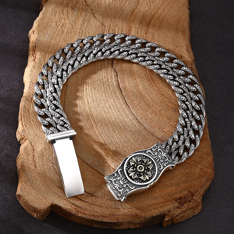 

bracelet double-layer stitching tangcao pattern bracelet splendid trendy Thai silver vintage distressed ornament