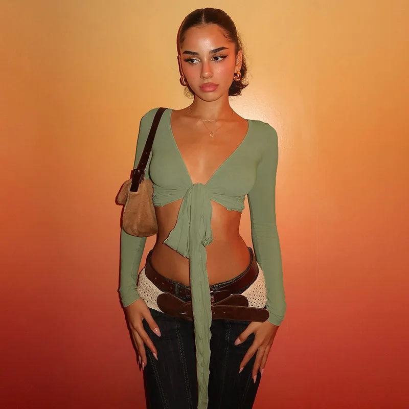 الصلبة سليم الدانتيل يصل الترفيه قمصان طويلة الأكمام الخامس الرقبة شيك أساسيات الملابس Y2K الشارع الشهير بلايز عادية للنساء #5