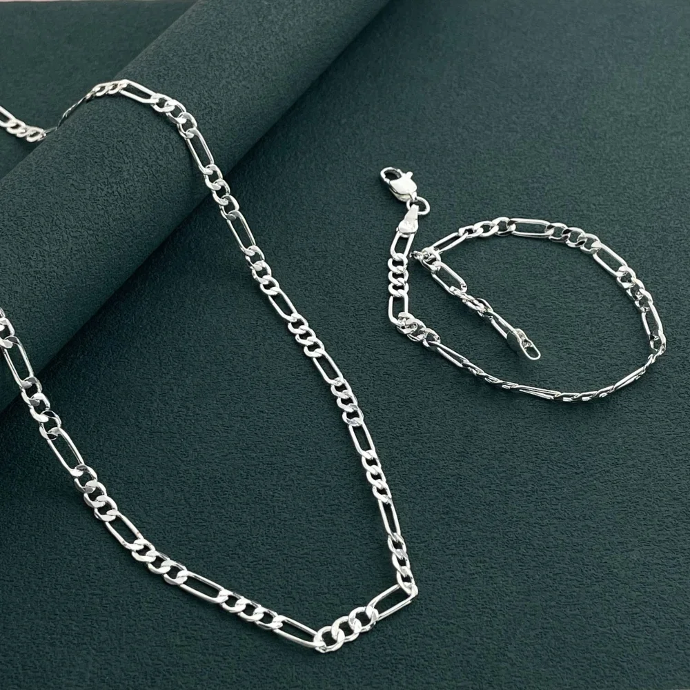 Unisex 925 Sterling Silver 4mm Chain Bracelet Necklace Set, Gift