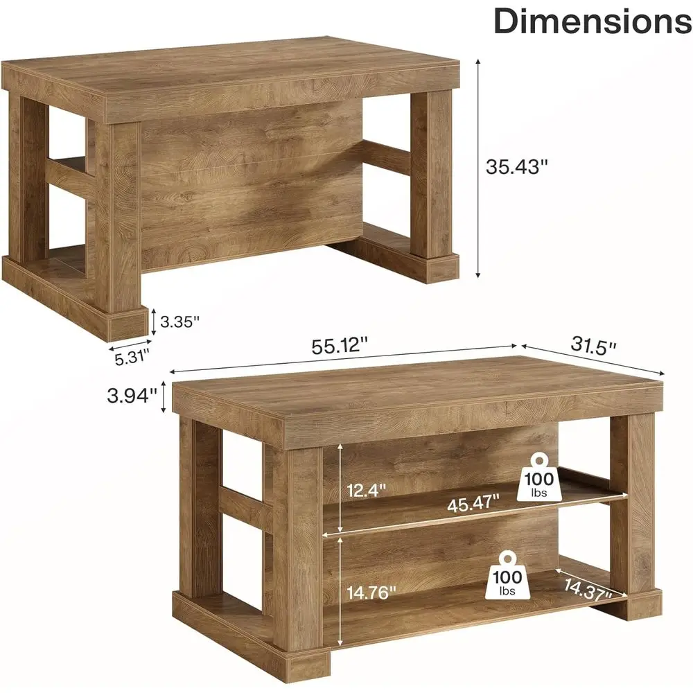 جزيرة مطبخ خشبية واسعة 55 على طراز المزرعة مع 3 أرفف وسطح عمل كبير، سهلة التجميع، بني فاتح #2