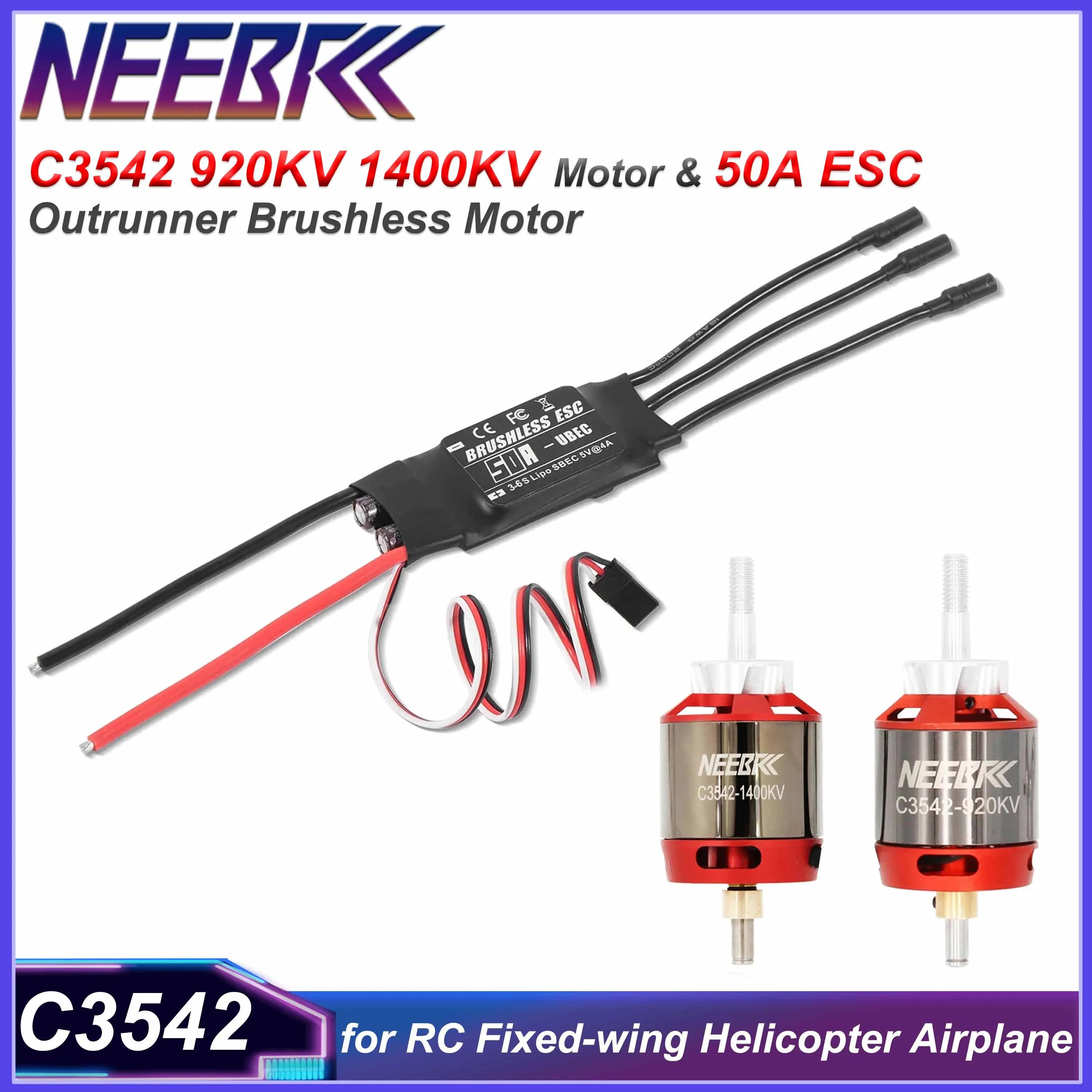 

NEEBRC C3542 920KV 1400KV Outrunner Бесщеточный двигатель 3-6S 50A ESC Combo для RC Самолет с неподвижным крылом Квадрокоптер FPV Гоночный дрон