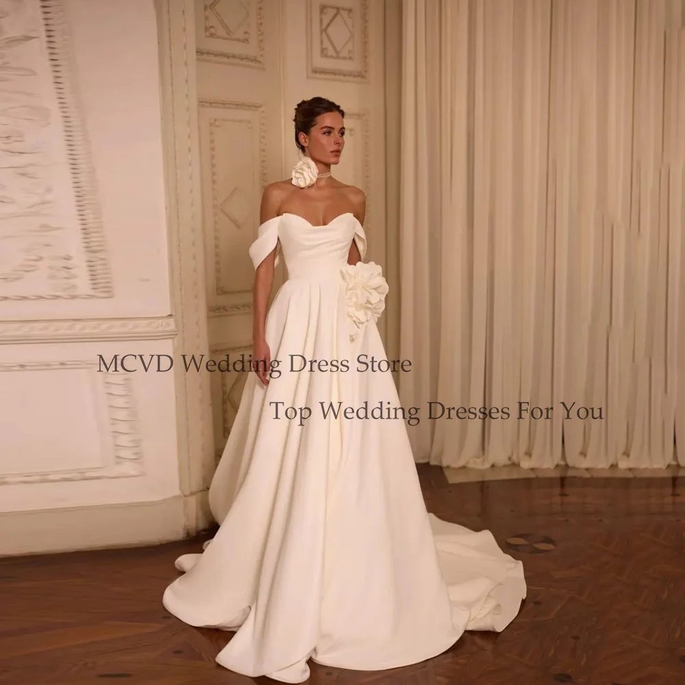 

MCDV Flowers Satin A-Line Bride Party Gowns Off Shoulder Pleat Wedding Dresses 2025 Bride Backless vestido de noiva Customized