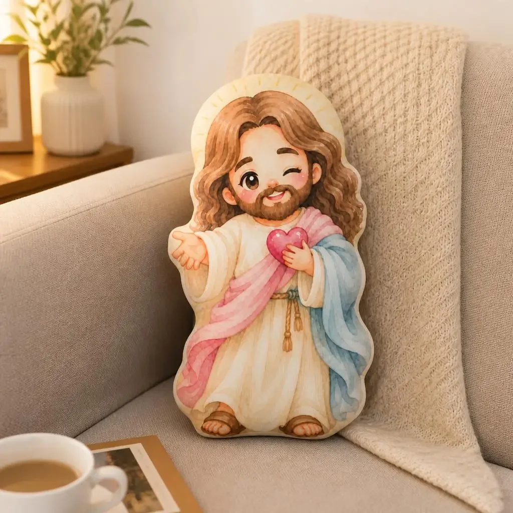 Jesus Holding Heart Stuffed Throw Pillow Christian Faith Shaped Cushion Religious Prayer Room Decor Cute Inspirational Gift