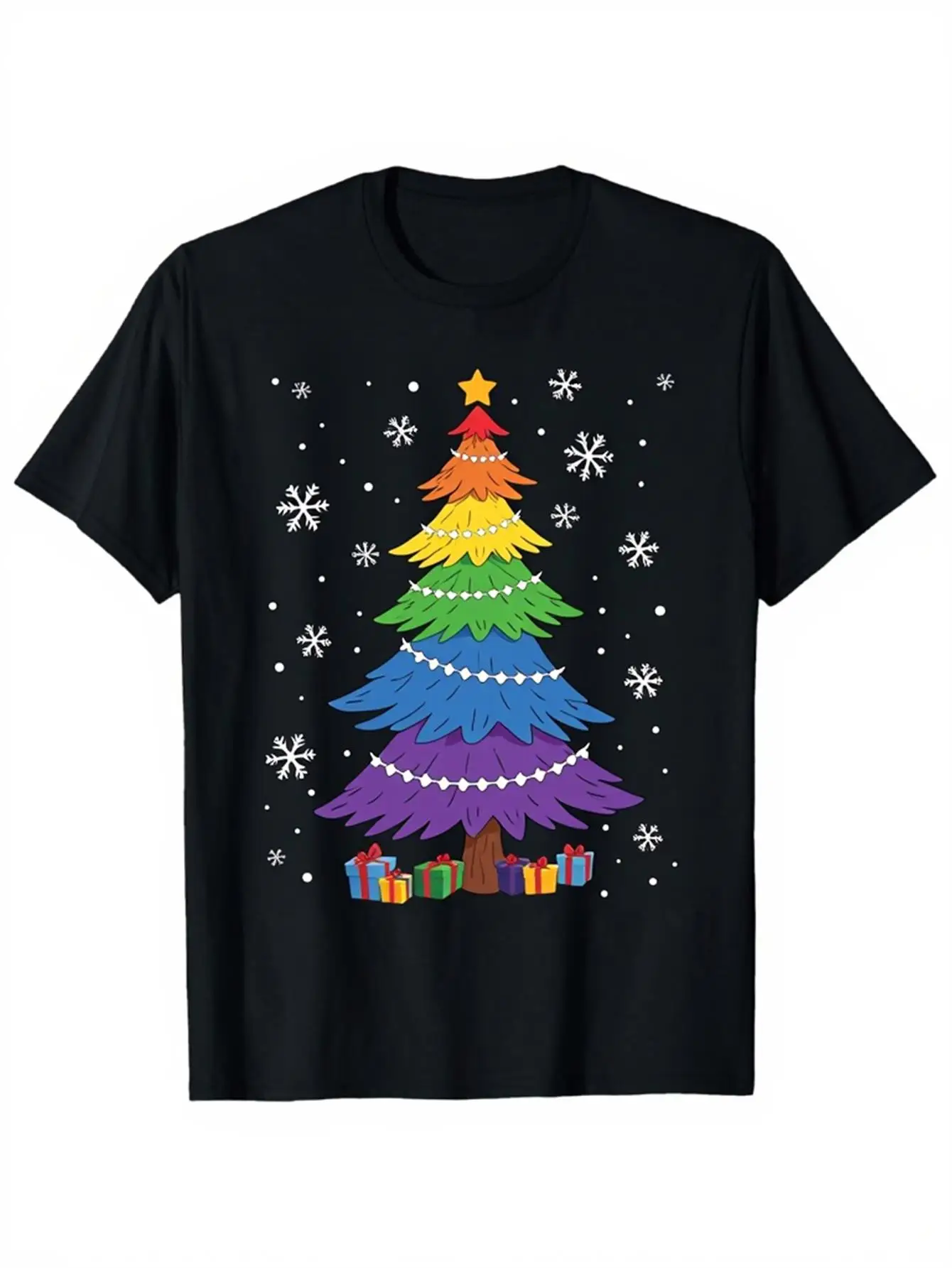 

Colorful Christmas Tree Graphic Xmas Gift T-Shirt 100% Cotton O-Neck Short Sleeve Summer Casual Mens T-shirt Streetwear