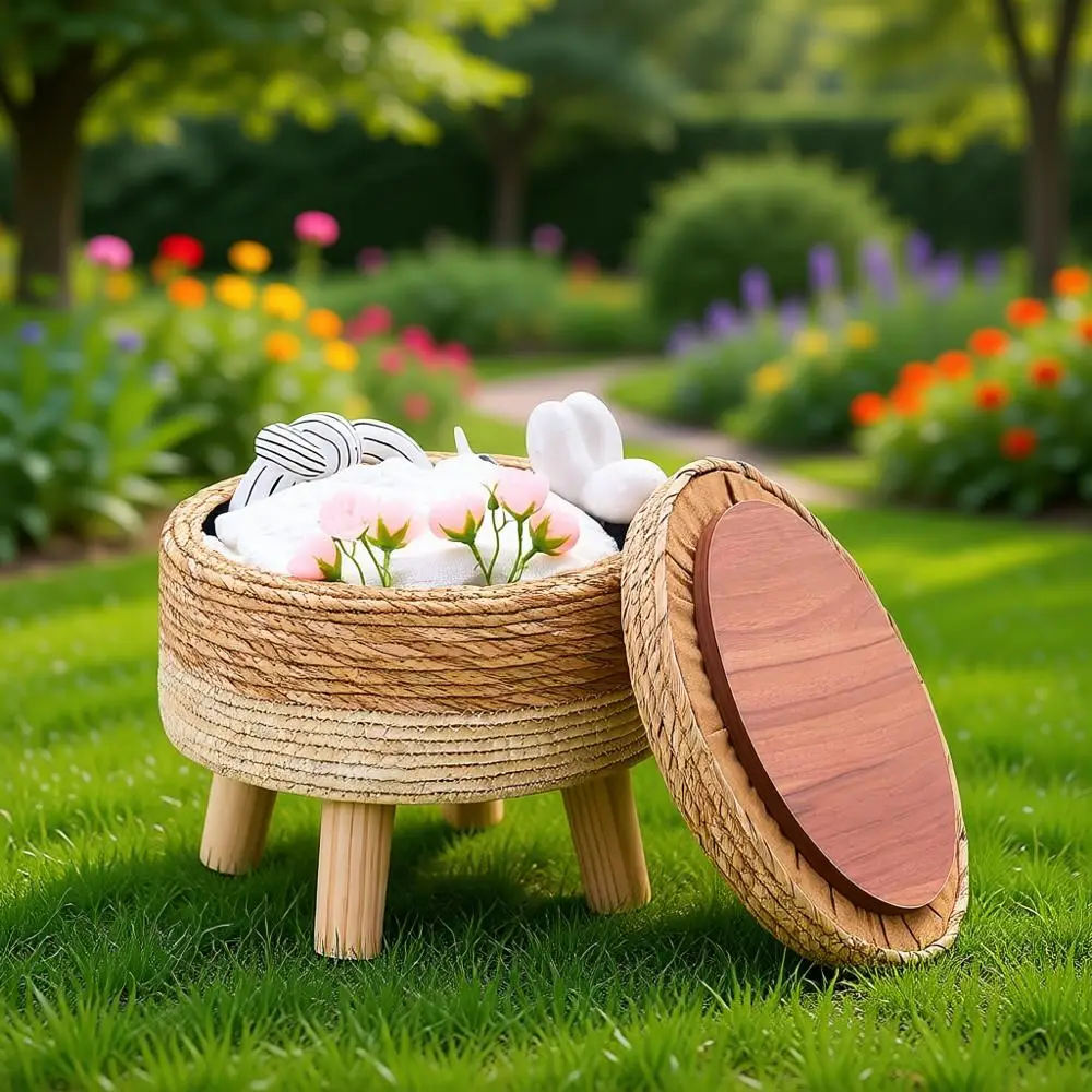 

Handwoven Seagrass Round Ottoman with 4 Wood Legs, Padded Outdoor Seat for Hallway, Lounge, Bedroom, Garden