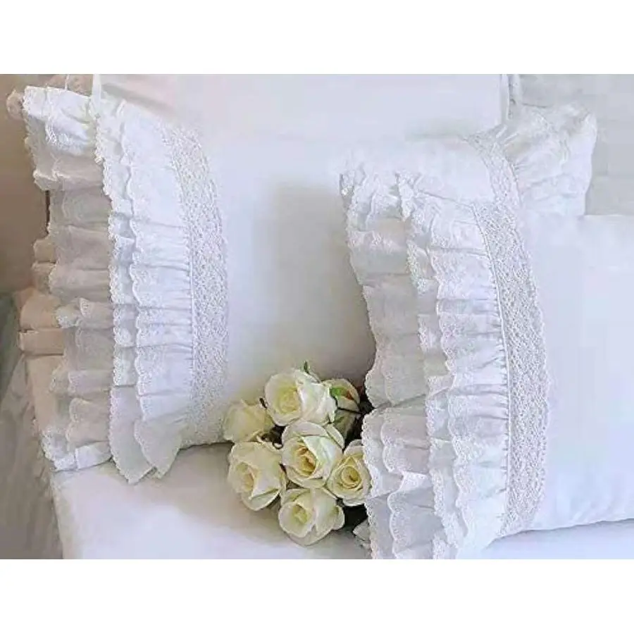 

White Pillow Shams Shabby Chic Pillowcases with Lace Ruffles Vintage Pillow Covers Cotton Queen Size 20X30 Luxury Elegant