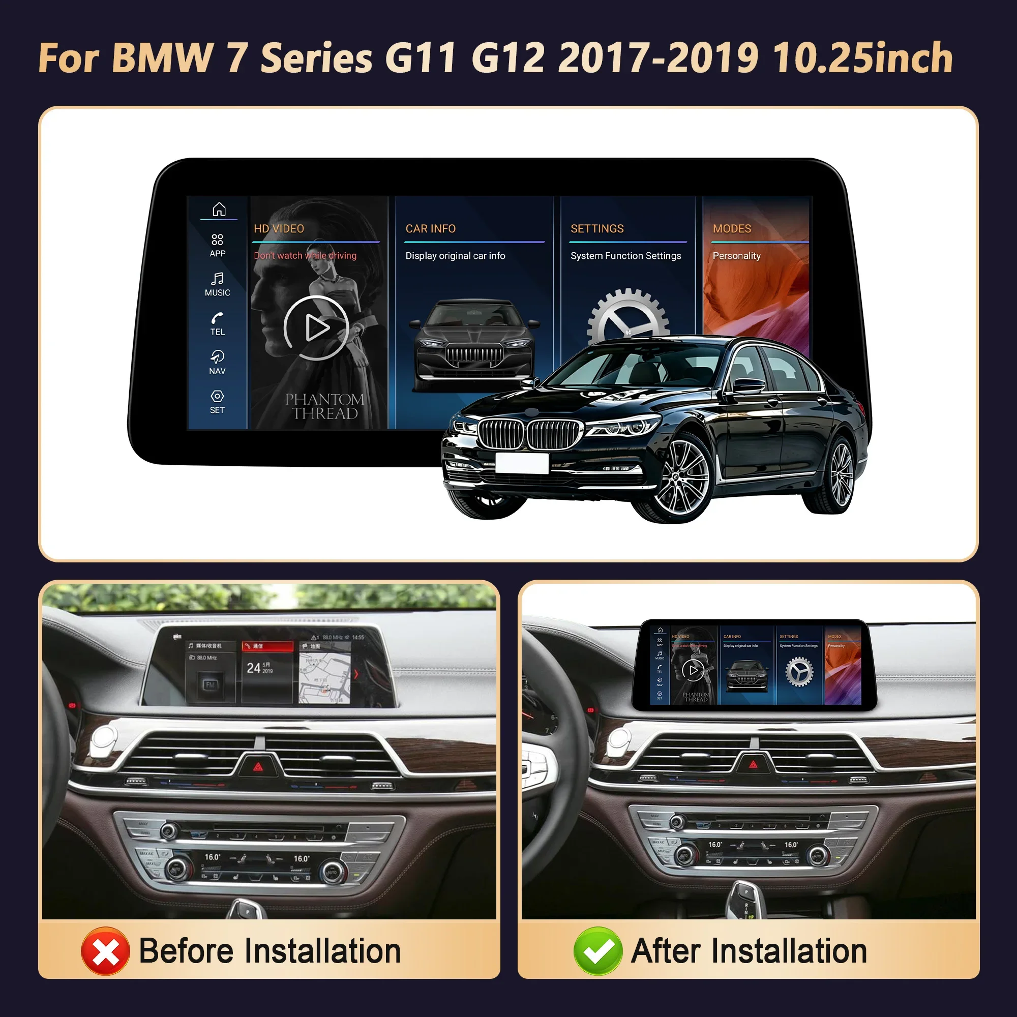 10.25 inch Android 14 For BMW 7 Series 2017-2019 EVO System Car Radio Wireless BT Carplay Snapdragon 680 Touch Screen