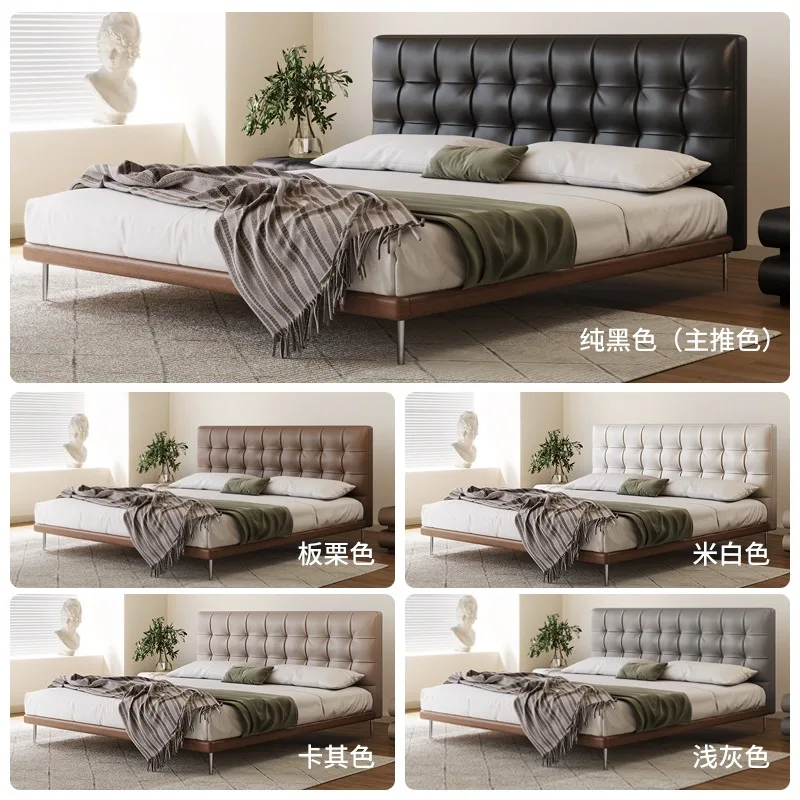 Modern simple waffle leather bed antique master bedroom double bed Italian solid wood soft bed