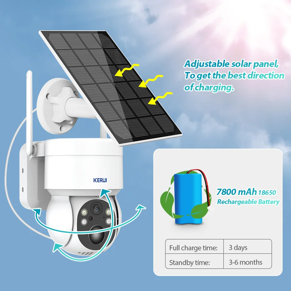 KERUI 4MP Outdoor Waterproof Wifi IP Camera Panel Solar Camera with Rechargeable Battery PTZ Home Security Video Surveillance