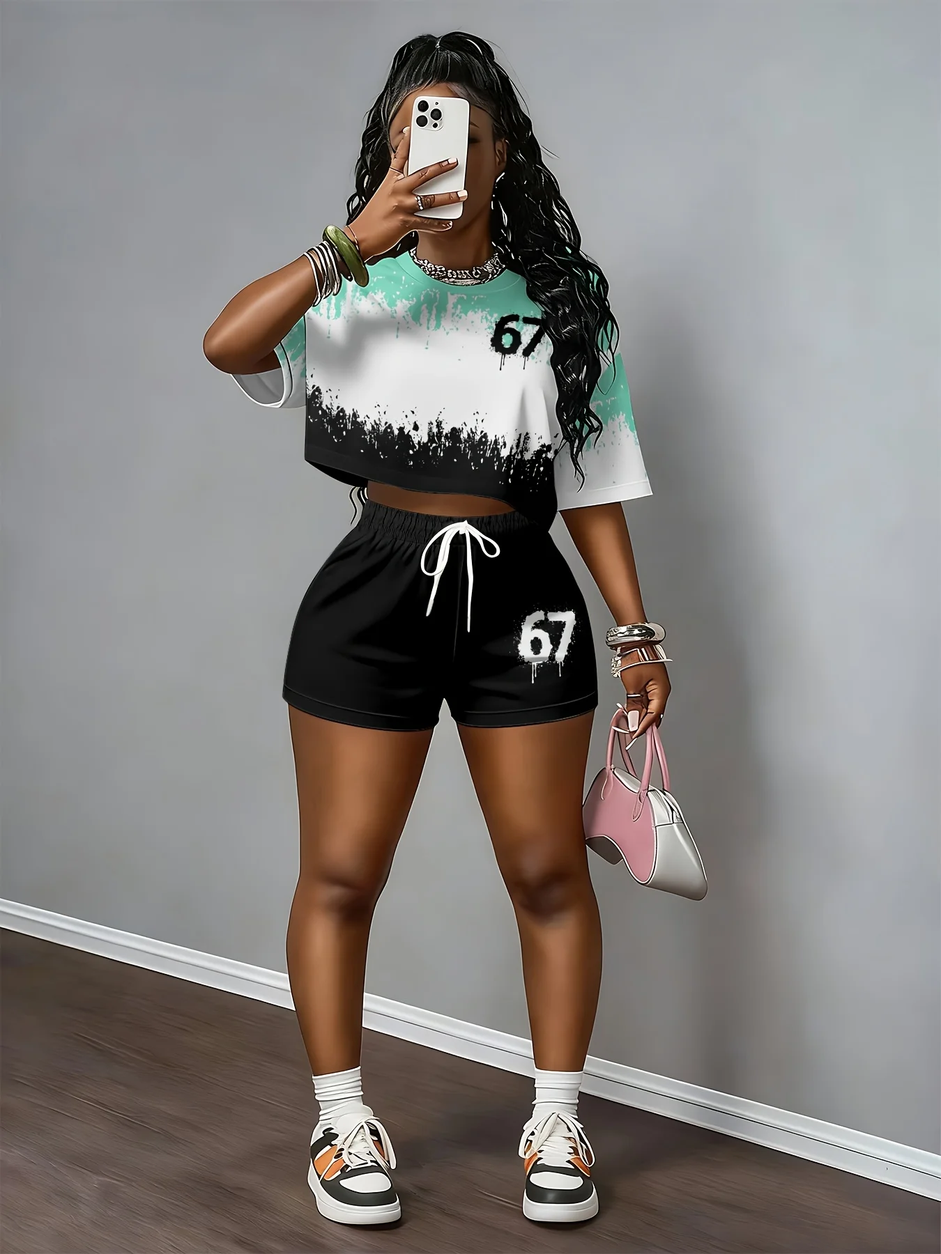 2026 New Women's Short-Sleeve Set Fashionable Tie-Dye Patchwork Outdoor Street Style Two-Piece Set Crop Top Sports Set