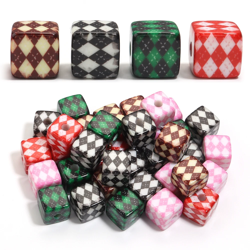 10 teile/los 14mm Acryl Quadrat Perlen Bunte Plaid Gedruckt Acryl Perlen Lose Spacer Perlen Für DIY Schmuck Machen Schlüsselbund