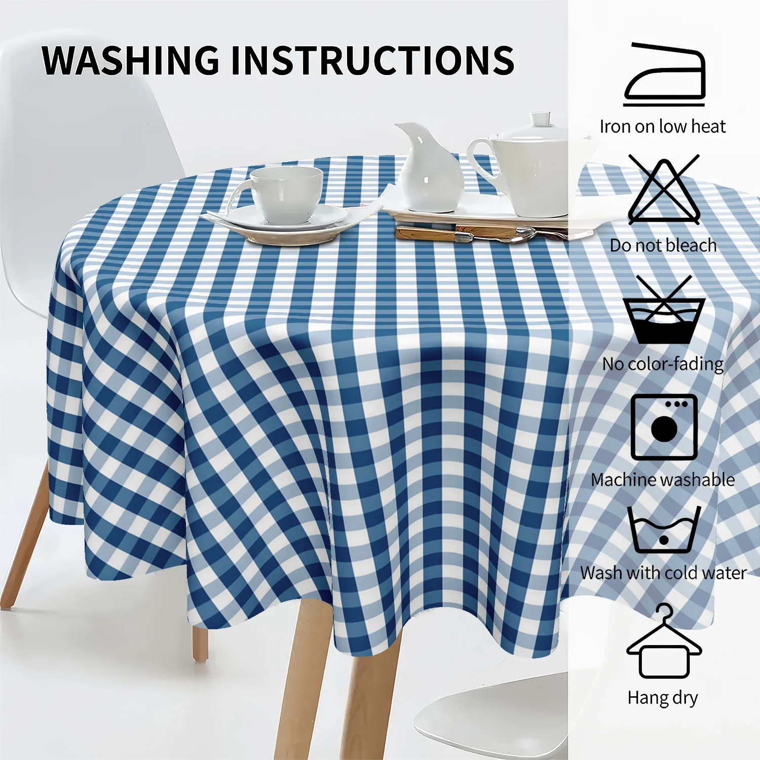 1 blue and white checked round tablecloth, beautiful home cover, suitable for indoor and outdoor dining, kitchen decoration