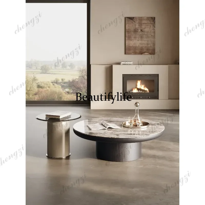 Pure natural luxury stone Italian minimalist high-end light luxury marble round coffee table combination p182