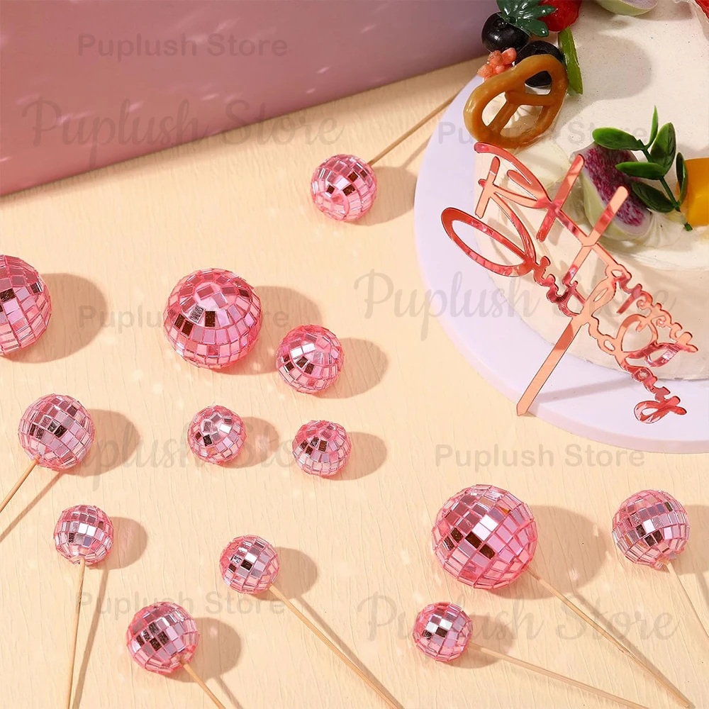 34-teiliges Disco-Kugel-Cupcake-Topper-Set, Spiegel-Silber, Gold, Pink, 70er Retro Kuchendekoration für Disco-Themen-Geburtstagsfeiern – Detail 8