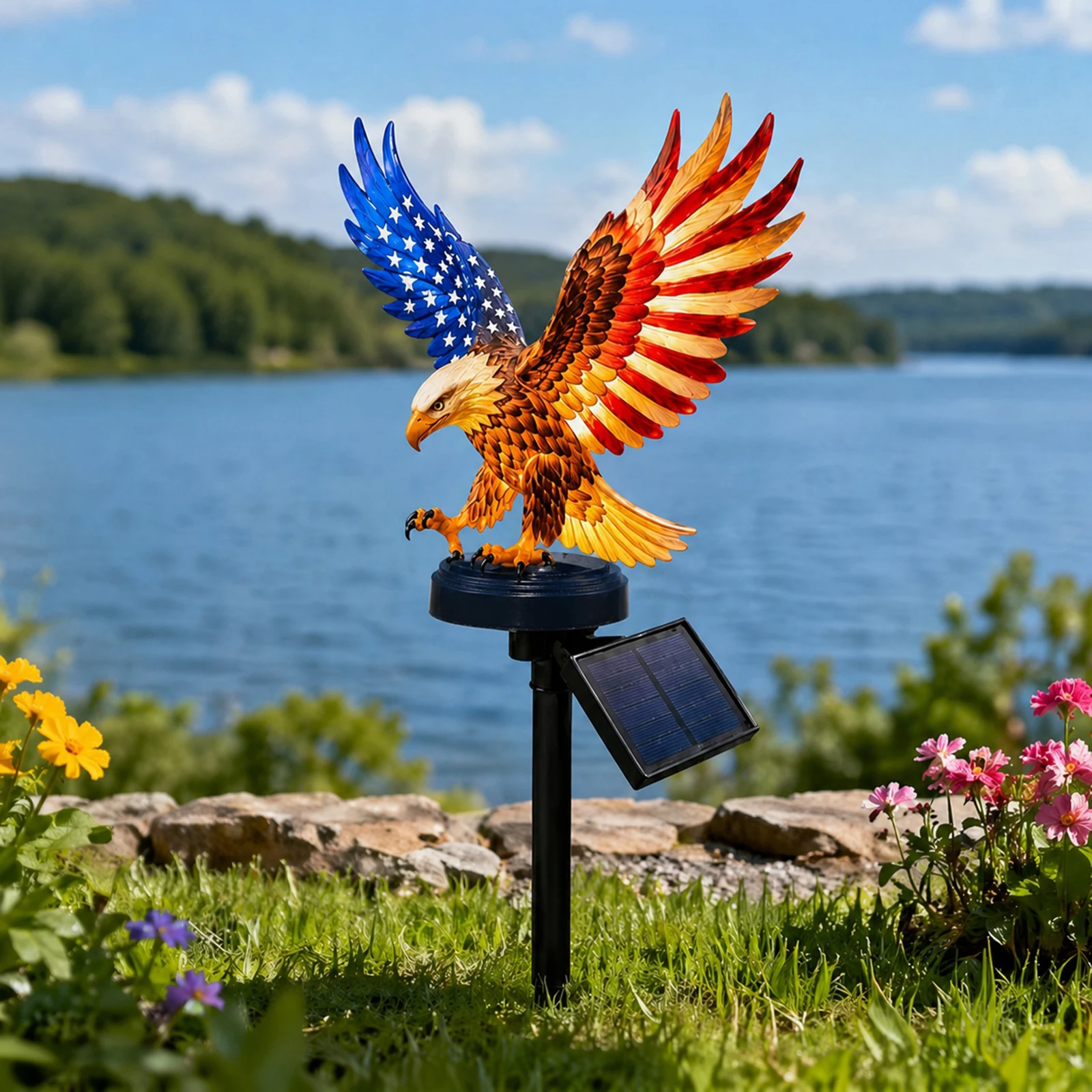 Solar Powered Personalized Eagle Garden Light 9.84in LED Garden Eagle Lamp for 4th of July Decorations Outdoor Memorial Day